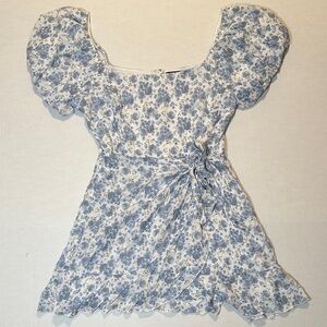 Blue and White Floral Puff-Sleeve Wrap Dress
